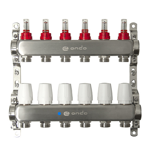 Коллекторная группа ONDO нерж сталь 6 вых. в сборе с расходомерами и термостатическими клапанами без сливных кранов и воздухоотводчиков Коллекторная группа ONDO нерж сталь 6 вых. в сборе с расходомерами и термостатическими клапанами без сливных кранов и воздухоотводчиков
