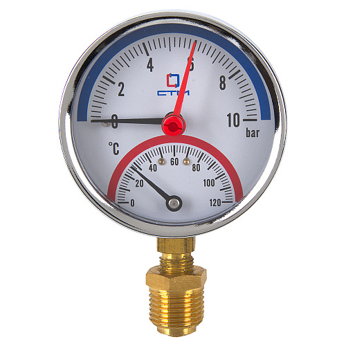 Термо-манометр радиального подключения 1/4" c переходником на 1/2'', измерение до 10 бар, до +120°С Термо-манометр радиального подключения 1/4" c переходником на 1/2'', измерение до 10 бар, до +120°С