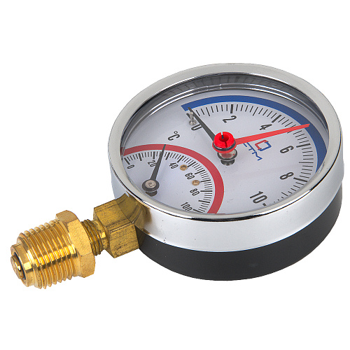 Термо-манометр радиального подключения 1/4" c переходником на 1/2'', измерение до 10 бар, до +120°С Термо-манометр радиального подключения 1/4" c переходником на 1/2'', измерение до 10 бар, до +120°С