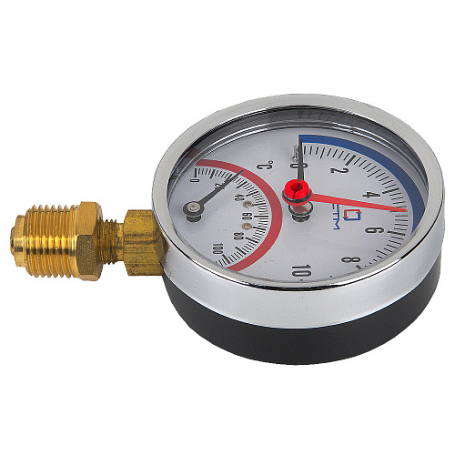 Термо-манометр радиального подключения 1/4" c переходником на 1/2'', измерение до 10 бар, до +120°С Термо-манометр радиального подключения 1/4" c переходником на 1/2'', измерение до 10 бар, до +120°С