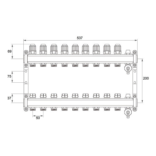 Коллекторная группа ONDO нерж сталь 9 вых. в сборе  с термостатическими и запорными клапанами