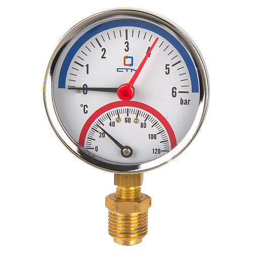 Термо-манометр радиального подключения 1/4"c переходником на 1/2'', измерение до 6 бар, до +120°С Термо-манометр радиального подключения 1/4"c переходником на 1/2'', измерение до 6 бар, до +120°С