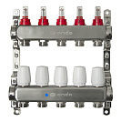 Коллекторная группа ONDO нерж сталь 5 вых. в сборе с расходомерами и термостатическими клапанами без сливных кранов и воздухоотводчиков