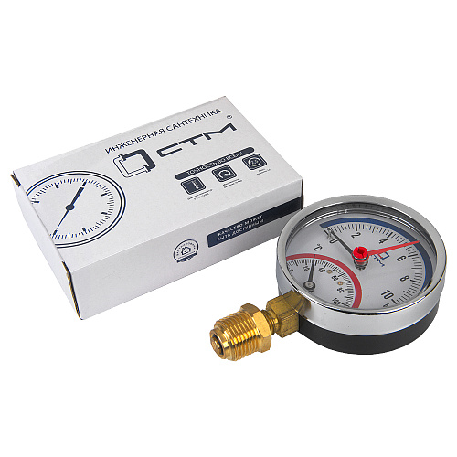 Термо-манометр радиального подключения 1/4" c переходником на 1/2'', измерение до 10 бар, до +120°С Термо-манометр радиального подключения 1/4" c переходником на 1/2'', измерение до 10 бар, до +120°С