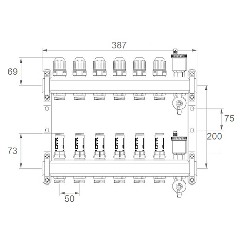 Коллекторная группа ONDO нерж сталь 6 вых. в сборе с автоматическим воздухоотводчиком, расходомерам