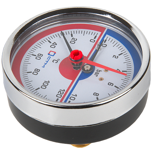 Термо-манометр аксиального подключения 1/4" c переходником на 1/2'', измерение до 10 бар, до +120°С