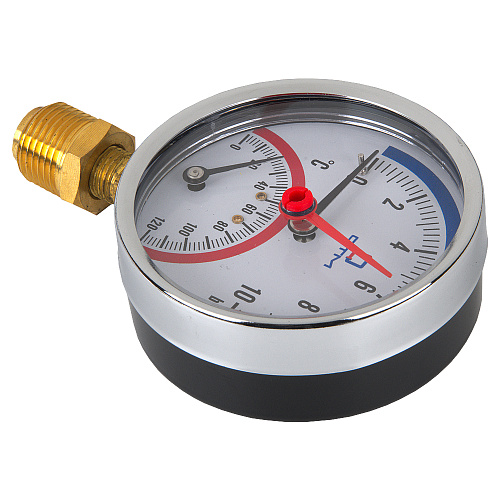 Термо-манометр радиального подключения 1/4" c переходником на 1/2'', измерение до 10 бар, до +120°С Термо-манометр радиального подключения 1/4" c переходником на 1/2'', измерение до 10 бар, до +120°С