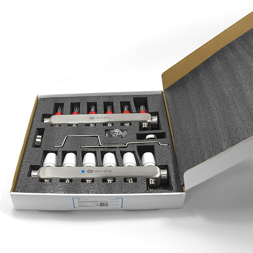 Коллекторная группа ONDO нерж сталь 6 вых. в сборе с расходомерами и термостатическими клапанами без сливных кранов и воздухоотводчиков Коллекторная группа ONDO нерж сталь 6 вых. в сборе с расходомерами и термостатическими клапанами без сливных кранов и воздухоотводчиков