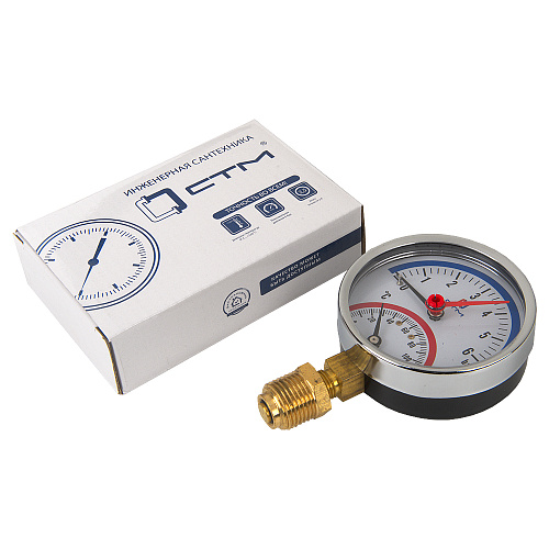 Термо-манометр радиального подключения 1/4"c переходником на 1/2'', измерение до 6 бар, до +120°С Термо-манометр радиального подключения 1/4"c переходником на 1/2'', измерение до 6 бар, до +120°С