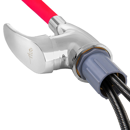 Смеситель FLOE FK234-GR для кухни, 40 мм, на гайке, с боковой ручкой, с гибким красным изливом