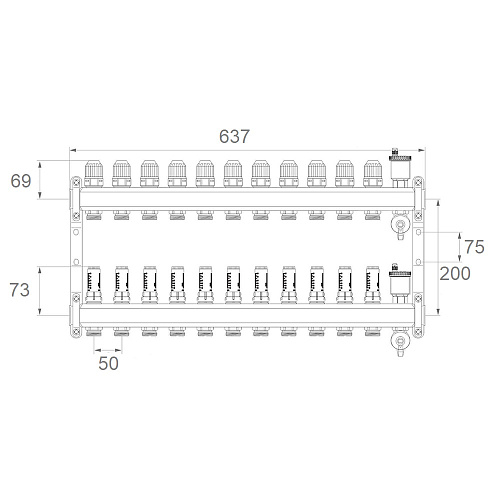 Коллекторная группа ONDO нерж сталь 11 вых. в сборе с автоматическим воздухоотводчиком, расходомера