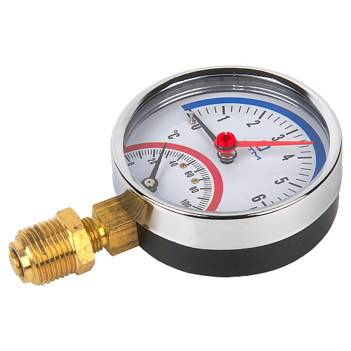 Термо-манометр радиального подключения 1/4"c переходником на 1/2'', измерение до 6 бар, до +120°С Термо-манометр радиального подключения 1/4"c переходником на 1/2'', измерение до 6 бар, до +120°С