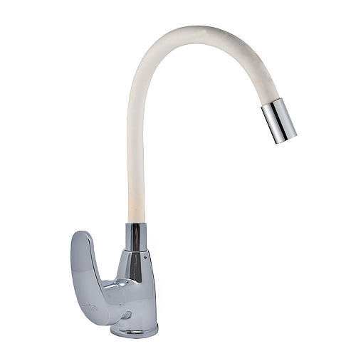 Смеситель FLOE FK234-GW для кухни, 40 мм, на гайке, с боковой  ручкой, с гибким белым изливом Смеситель FLOE FK234-GW для кухни, 40 мм, на гайке, с боковой  ручкой, с гибким белым изливом