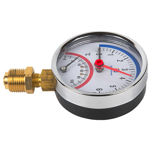 Термо-манометр радиального подключения 1/4"c переходником на 1/2'', измерение до 6 бар, до +120°С Термо-манометр радиального подключения 1/4"c переходником на 1/2'', измерение до 6 бар, до +120°С