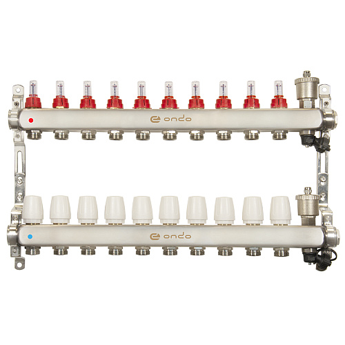 Коллекторная группа ONDO нерж сталь 10 вых. в сборе с автоматическим воздухоотводчиком, расходомера