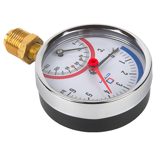 Термо-манометр радиального подключения 1/4"c переходником на 1/2'', измерение до 6 бар, до +120°С Термо-манометр радиального подключения 1/4"c переходником на 1/2'', измерение до 6 бар, до +120°С